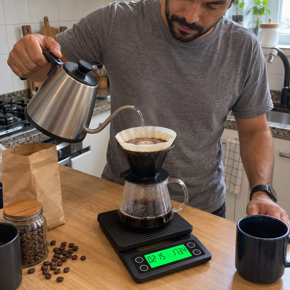 Grão · Balança de café com timer (em uso)