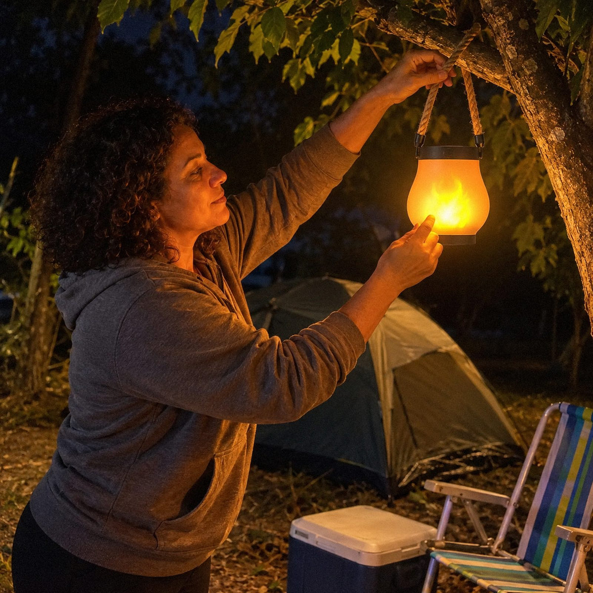 Sol · Lanterna solar com efeito de chama (em uso)