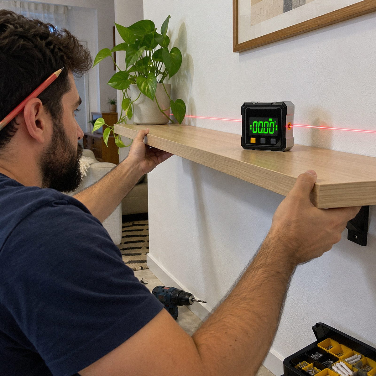 Esquadro · Medidor de ângulo digital magnético (em uso)